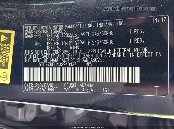 5TDZZRFH1JS240137 2018 TOYOTA HIGHLANDER Black Widok komory silnika