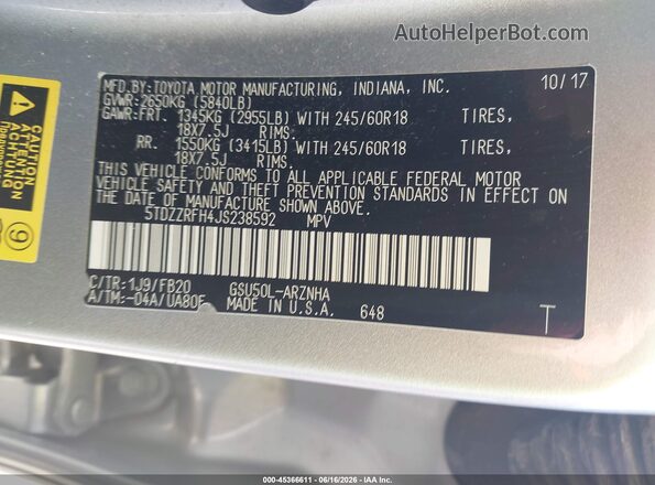 5TDZZRFH4JS238592 2018 TOYOTA HIGHLANDER Серебряный Вид подкапотного пространства
