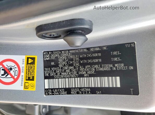 5TDZZRFH5HS190577 2017 TOYOTA HIGHLANDER Silver Vista de la etiqueta del VIN