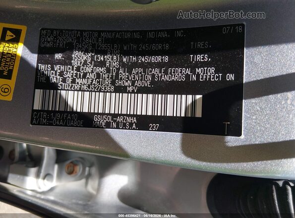 5TDZZRFH6JS279368 2018 TOYOTA HIGHLANDER Серый Вид подкапотного пространства