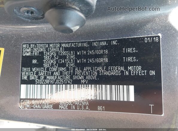 5TDZZRFH7JS251742 2018 TOYOTA HIGHLANDER Gray Vista del compartimento del motor