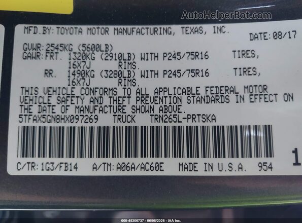 5TFAX5GN8HX097269 2017 TOYOTA TACOMA Gray Engine compartment view