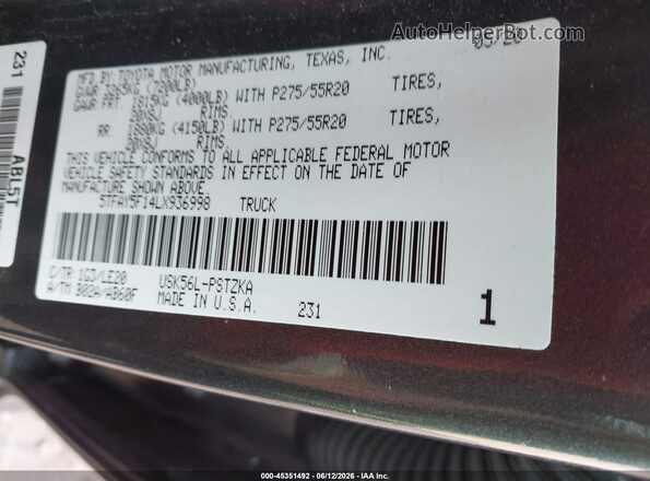 5TFAY5F14LX936998 2020 TOYOTA TUNDRA Black Շարժիչի բաժամունքի տեսք