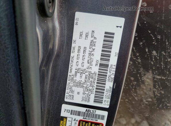 5TFAY5F14MX011607 2021 TOYOTA TUNDRA Gray Вид наклейки з VIN-кодом
