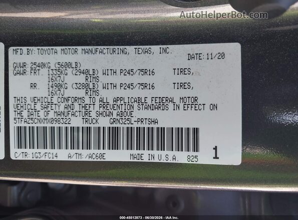 5TFAZ5CNXMX098322 2021 TOYOTA TACOMA Gray ძრავის განყოფილების ხედი