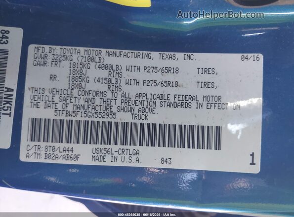 5TFBW5F15GX552955 2016 TOYOTA TUNDRA Blue Widok komory silnika