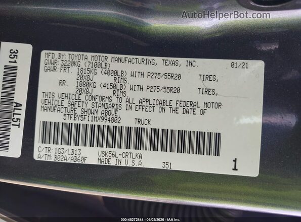 5TFBY5F11MX994802 2021 TOYOTA TUNDRA Серый Вид подкапотного пространства
