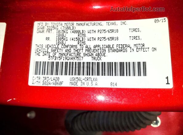 5TFBY5F19GX497517 2016 TOYOTA TUNDRA Red Շարժիչի բաժամունքի տեսք