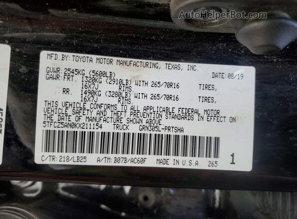 5TFCZ5AN0KX211154 2019 TOYOTA TACOMA Black VIN კოდის სტიკერის ხედი