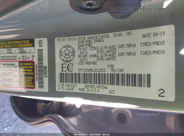 5TFCZ5AN5LX212933 2020 TOYOTA TACOMA Gray Engine compartment view