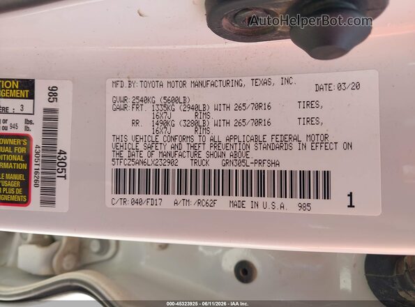 5TFCZ5AN6LX232902 2020 TOYOTA TACOMA White VIN կոդի պիտակի տեսք