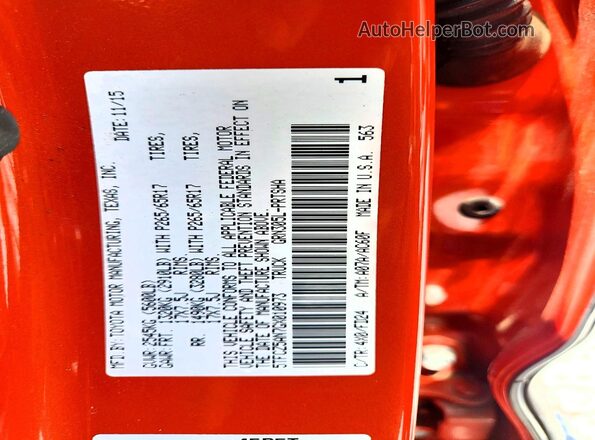 5TFCZ5AN7GX010973 2016 TOYOTA TACOMA Orange VIN კოდის სტიკერის ხედი