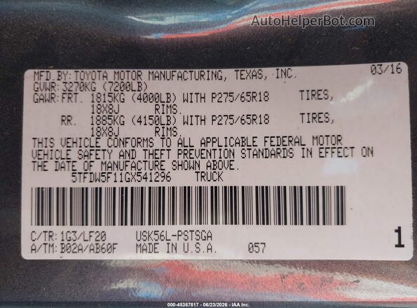 5TFDW5F11GX541296 2016 TOYOTA TUNDRA Gray Engine compartment view