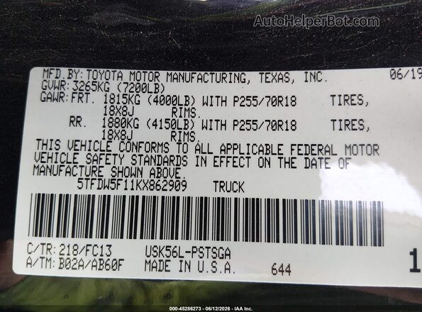 5TFDW5F11KX862909 2019 TOYOTA TUNDRA Black Engine compartment view