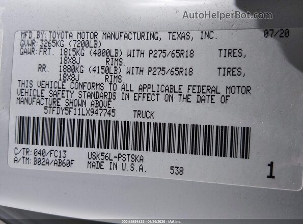 5TFDY5F11LX947745 2020 TOYOTA TUNDRA White Widok komory silnika