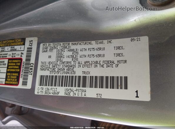 5TFDY5F11MX041838 2021 TOYOTA TUNDRA Silver Widok komory silnika