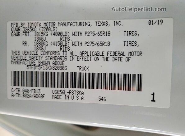 5TFDY5F13KX820803 2019 TOYOTA TUNDRA White 