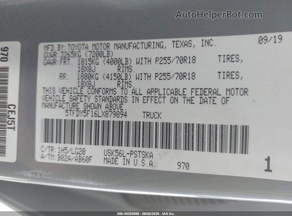 5TFDY5F16LX879894 2020 TOYOTA TUNDRA Gray Вид підкапотного простору