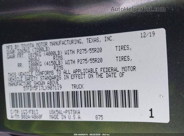 5TFDY5F17LX907119 2020 TOYOTA TUNDRA Gray Widok komory silnika