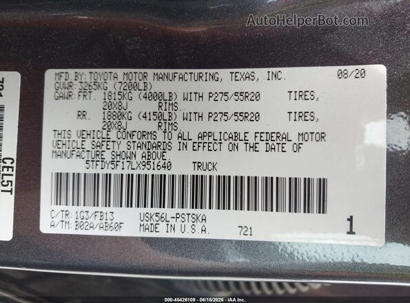 5TFDY5F17LX951640 2020 TOYOTA TUNDRA Gray Vista del compartimento del motor