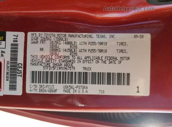 5TFDY5F19MX967579 2021 TOYOTA TUNDRA Red Widok naklejki z numerem VIN