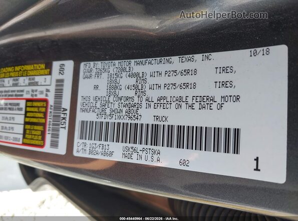 5TFDY5F1XKX796547 2019 TOYOTA TUNDRA Gray ძრავის განყოფილების ხედი