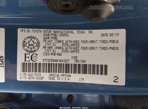 5TFDZ5BN0KX043227 2019 TOYOTA TACOMA Blue Widok komory silnika