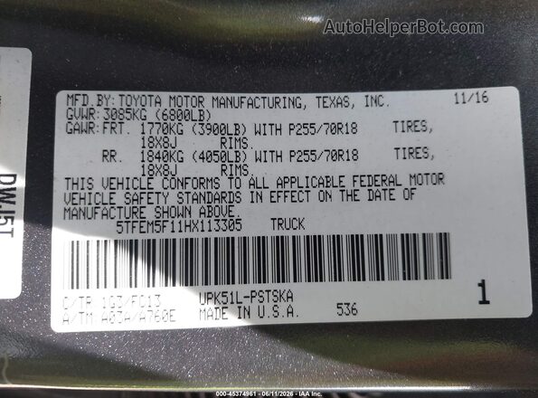 5TFEM5F11HX113305 2017 TOYOTA TUNDRA Gray 