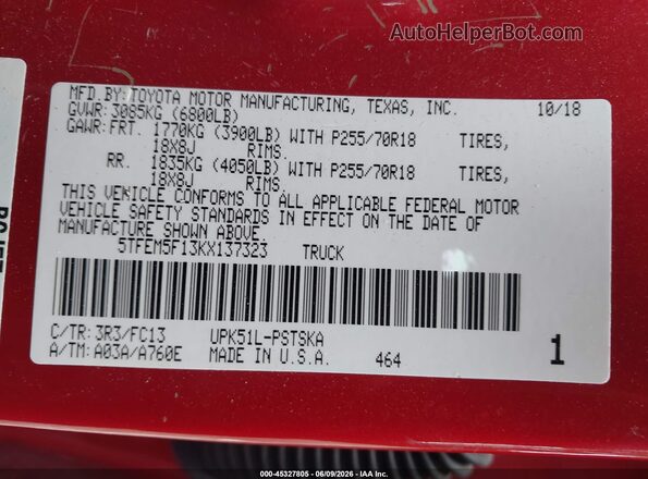 5TFEM5F13KX137323 2019 TOYOTA TUNDRA Red Вид підкапотного простору
