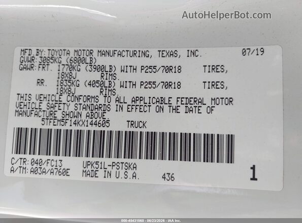 5TFEM5F14KX144605 2019 TOYOTA TUNDRA Белый Вид подкапотного пространства