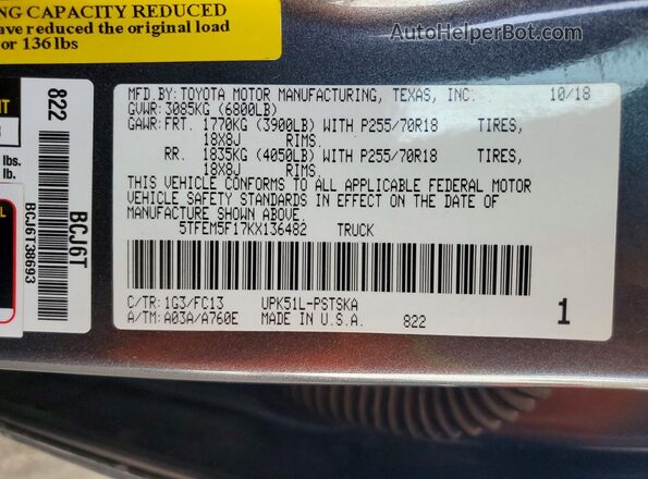 5TFEM5F17KX136482 2019 TOYOTA TUNDRA Gray Widok komory silnika
