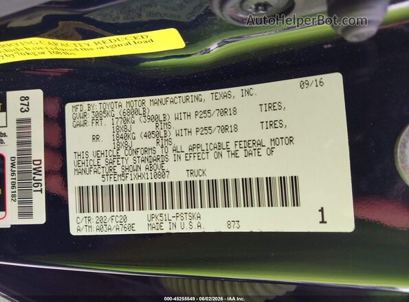 5TFEM5F1XHX110807 2017 TOYOTA TUNDRA Black Engine compartment view