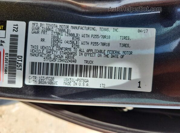 5TFEW5F15HX224840 2017 TOYOTA TUNDRA Gray Engine compartment view