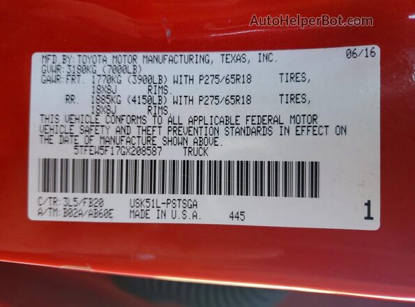 5TFEW5F17GX208587 2016 TOYOTA TUNDRA Red ძრავის განყოფილების ხედი