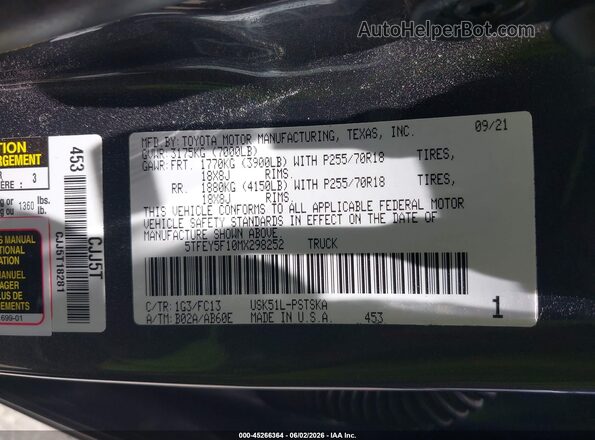 5TFEY5F10MX298252 2021 TOYOTA TUNDRA Gray Շարժիչի բաժամունքի տեսք