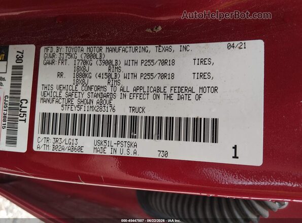 5TFEY5F11MX283176 2021 TOYOTA TUNDRA Red Engine compartment view