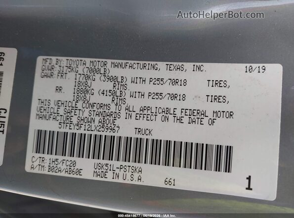5TFEY5F12LX259967 2020 TOYOTA TUNDRA Gray Вид підкапотного простору