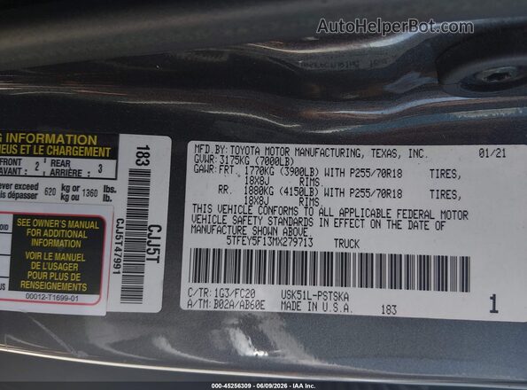 5TFEY5F13MX279713 2021 TOYOTA TUNDRA Gray ძრავის განყოფილების ხედი