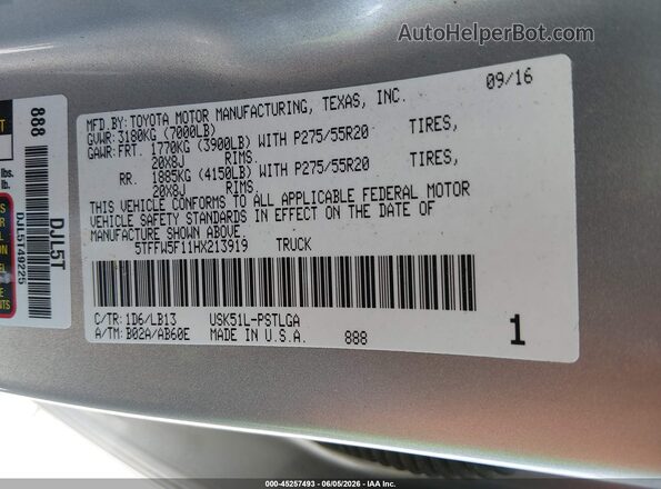 5TFFW5F11HX213919 2017 TOYOTA TUNDRA Silver Շարժիչի բաժամունքի տեսք