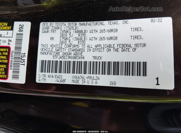 5TFJA5EC9NX003494 2022 TOYOTA TUNDRA Brown Widok komory silnika