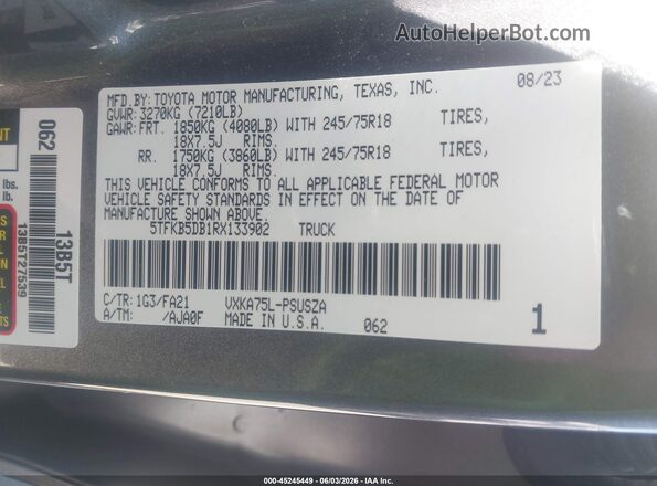 5TFKB5DB1RX133902 2024 TOYOTA TUNDRA Gray Engine compartment view