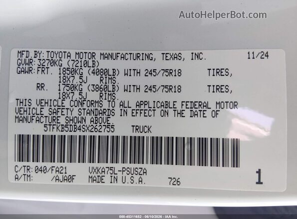 5TFKB5DB4SX262755 2025 TOYOTA TUNDRA White Շարժիչի բաժամունքի տեսք