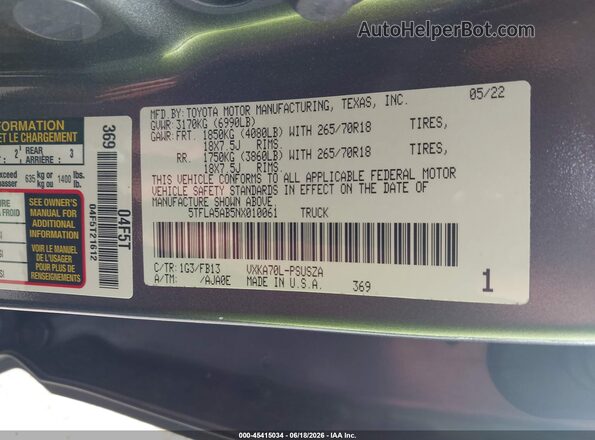 5TFLA5AB5NX010061 2022 TOYOTA TUNDRA Gray Вид підкапотного простору