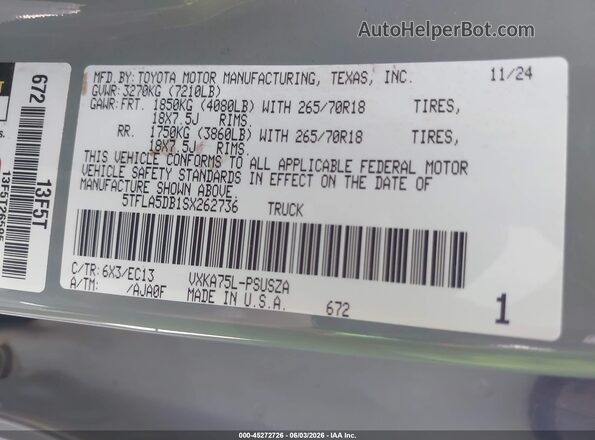5TFLA5DB1SX262736 2025 TOYOTA TUNDRA Gray Շարժիչի բաժամունքի տեսք