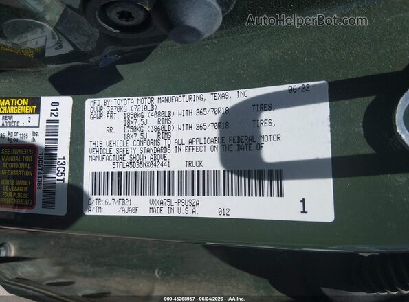 5TFLA5DB5NX042441 2022 TOYOTA TUNDRA Зеленый Вид подкапотного пространства