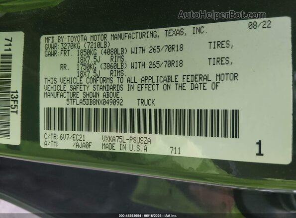 5TFLA5DB8NX049092 2022 TOYOTA TUNDRA Green Շարժիչի բաժամունքի տեսք
