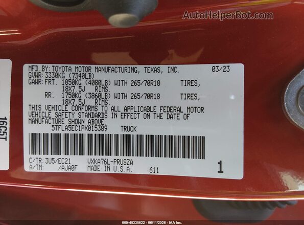 5TFLA5EC1PX015389 2023 TOYOTA TUNDRA Red Vista del compartimento del motor