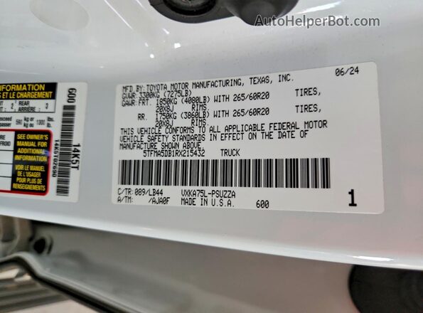 5TFMA5DB1RX215432 2024 TOYOTA TUNDRA White Vista de la etiqueta del VIN