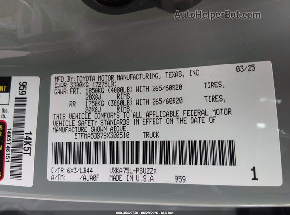 5TFMA5DB7SX300510 2025 TOYOTA TUNDRA Gray Շարժիչի բաժամունքի տեսք