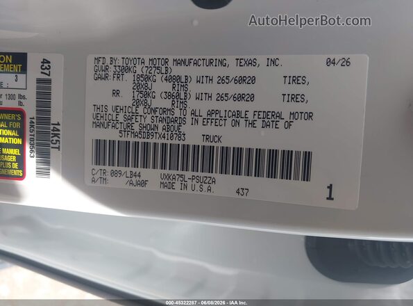 5TFMA5DB9TX410783 2026 TOYOTA TUNDRA White Engine compartment view